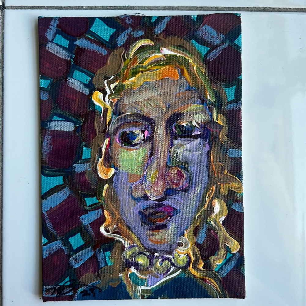 Original acrylic expressionist portrait painting 5x7” on canvas board artwork